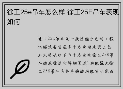 徐工25e吊车怎么样 徐工25E吊车表现如何